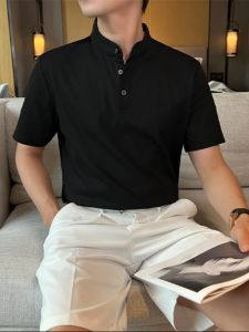 Dark Gray Henry Collar T-Shirt Mens Summer Mature and Stable Mens Shoulder Short Sleeve Fancy Business Casual Half Sleeve