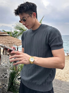 LIUBU | Elegant Style Gray Knitted Stretch T-Shirt 7/8 Sleeve