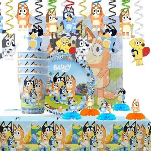 Bluey Theme Birthday Party Decoration Supplie Cartoon Dog Blue Paper Napkin Plate Cup Sticker Paper Boex Party Brooch Decoration