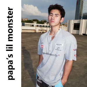 Papas lil monster | Áo Thun Nam Cổ Henry Rửa Retro Mỹ Tay Ngắn Dễ Dàng
