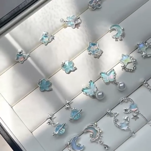 ❤❤❤Hot Sale CANAMEK 1Pair Korean Style Blue Zircon Star Moon Stud Earrings For Women Exquisite Sweet Cute Temperament Earrings Wedding Jewelry