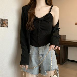 Anti-Aging plus Size Womens Summer Outfit Two-Piece Set Slimming Pure Desire Sweet Spicy Short Sleeve Top with Button Detail