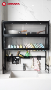 MODOFO Space Saving Double-Layer Drainage Storage Organizer Rack Multifunctional Covered Dish Rack Plate Drying Metal Dish Cabinet