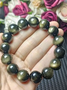 Premium Grade Golden Sheen Obsidian Crystal Stone Bracelet 14mm 高货强光猫眼亮财眼招财金曜石手串 14mm