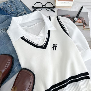 Contrast Color Embroider Knitting Vest Patchwork Polo Collar Short Sleeve Fake Two Pieces Shirts Tops Female Preppy Style Niche Style Casual
