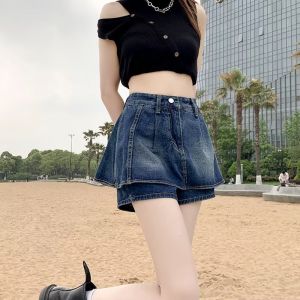 Váy Ngắn Denim Cạp Cao Giả Hai Mảnh Cho Nữ Mùa Hè 2025 Phong Cách Hàn Quốc Thon Gọn Xếp Ly Mini Quần Bó Chữ a Váy Ngắn