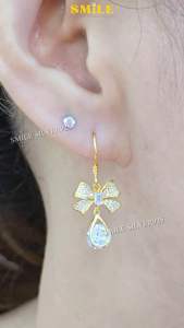 ต่างหูเงินแท้ 92.5% ลายโบว์หยดน้ำCZ ตะขอเกี่ยวตุ้งติ้ง ชุบทอง18k ชุบทองคำขาว