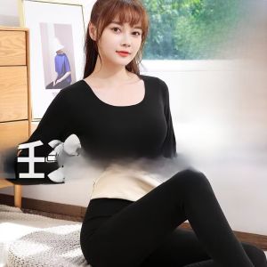 Thickened Fleece Warm Underwear Set for Women Long Pants Base Layer Shirt Autumn Winter Clothes Heat Generating Fiber Youth Size