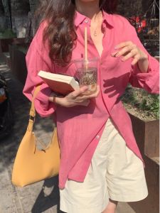 Summer New Style Slim Fit Long Sleeve Pure Color Linen Shirt Women Casual Loose Sun Protection Top Polo Collar Button Detail