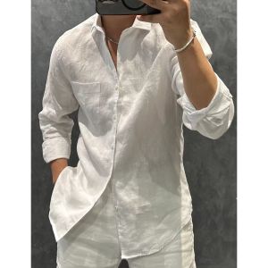 เสื้อเชิ้ตแขนยาวผ้าลินินแท้คุณภาพสูงสำหรับผู้ชาย ทรงหลวมสบายๆ ฤดูใบไม้ร่วง 2025 เสื้อเชิ้ตลายทางสไตล์เรียบง่าย