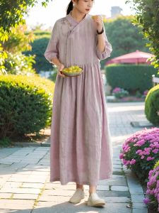 New Chinese Style Embroidered Linen Dress V Neck Slimming Skirt a Line Summer Autumn Spring Season Wear Artistic Fashion Dress