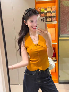 Áo Thun Polo Cổ Polo Không Tay Màu Đỏ Cổ Điển Cho Nữ Mùa Hè 2025 Áo Thun Bó Sát Có Nút Đơn Đa Năng Gợi Cảm Áo Thun Thường Ngày