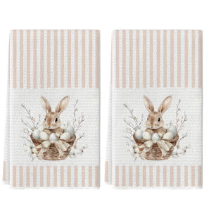 2Pcs Easter Striped Rabbit Kitchen Towels 40Cm*60Cm Towel Set Super Absorbent Soft Cleaning Cloth Cooking and Baking Tea Towel Hand Towel Cleaning Cloth Dishcloth Kitchen Decoration Living Room Decoration Kitchen Essentials Home Essentials