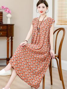 Casual Cotton Silk Dress Summer Knee-Length Loose Womens Fashionable Mom Clothes 2025 New Style A-Line Skirt Breathable