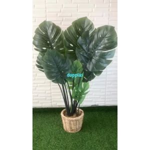 Pohon Artificial Tanaman Plastik Monstera T120 Latex Cover Pot Rotan Bulat Dekorasi Studio Aesthetic