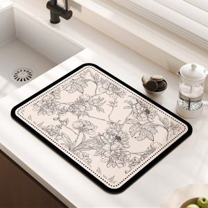 Kitchen Counter Drying Mat Floral Pattern Printed Diatomaceous Earth Absorbent Mat Desktop Tableware Dry Pad Cup Bar Mat