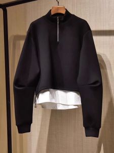 Black Zip-up Hooded Faux Two-piece Sweater Short Jacket