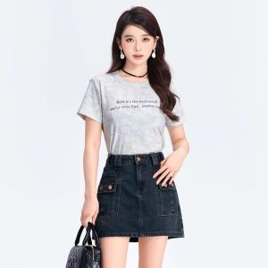 Fashionable Casual Sweet round Neck T Letter Print Inner Wear Loose Short Sleeve Womens T-Shirt by One-T/General Rabbit Brand