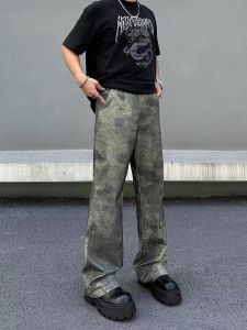กางเกงยีนส์ทรงหลวมขาตรงสำหรับผู้ชาย ทรงวินเทจ ทรงลำลอง กางเกงขายาวทรงหลวมสไตล์ฮิปฮอป เอวกลาง กางเกงยีนส์ทรงสตรีท