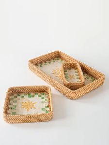 Premium Handmade Set of 3 Woven Rattan Trays with Exquisite Mother-of-Pearl Inlay - Ideal for Serving Gifting and Elegant Home Decor