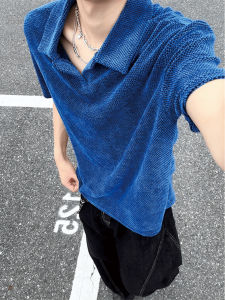 Klein Blue Dragon Scales V-neck Short Sleeve Polo Shirt Breathable Texture