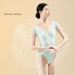 Ballet Leotards for Women Gymnastics Leotards Nylon Mesh Splice Pleated Dance Leotards Short Sleeves Ballet Bodysuit Adult