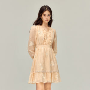 INMAN | French Style Long Sleeve Ruffle Waist V-Neck Lace Embroidered Dress