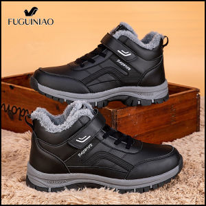 Fuguiniao Mens And Womens Waterproof Snow Boots Laceless Boots Black Winter Hiking Shoes COD