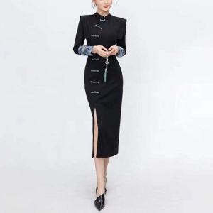 Elegant Black Embroidered Qipao Dress with Button Detail Improved Version of Traditional Chinese Gown for Women