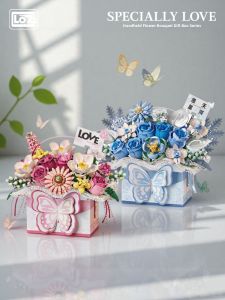 Loz | Giỏ Hoa Bằng Tay Hình Đôi Bướm Trên Cây Anh Đào Và Hoa Hồng Làm Từ Khối Xây Dựng
