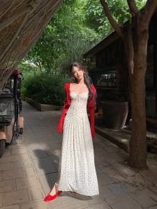 French Vintage Polka Dot Strapless Dress Womens Summer New Style Slimming Long Skirt A-Line Silhouette Casual Wear Polyester Fabric