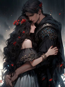 Dark Romantic Couple Canvas Painting Vintage Fantasy Lovers Portrait In Medieval Noble Outfit With Flower Crown Garden Floral