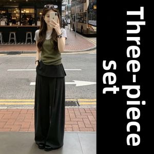 Ge·an·fei | Three-Piece Womens Outfit Set Green Sleeveless Top Wide Leg Pants