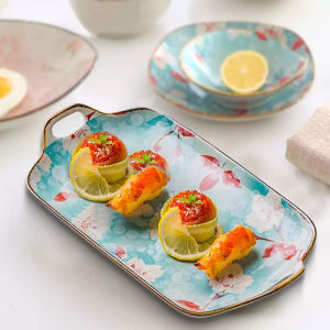 Ceramic Double Ear Dinner Plates Japanese Kitchen Household Steamed Fish Plate Ceramic Tableware Rectangular Dining Plate