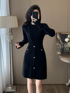 Elegant Black Knitted Dress Womens Slim Fit Splice Fake Two-Piece High Waist Long Sleeve round Neck Luxury Style Autumn Winter