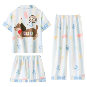 MiiOW | Cat Person Childrens Sleepwear Ice Silk Thin Short Sleeve Home Clothes Summer Cool Feeling Polyester Fiber Girls Set