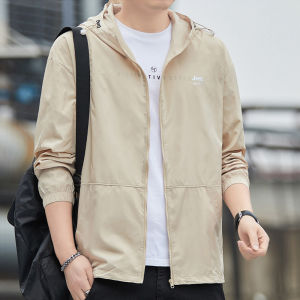 Jeep Mens Outdoor Sportswear Lightweight Summer Jacket with Hood Sun Protection Loose Casual Skin Shirt Polyester Fiber Long Sleeve Zipper Closure