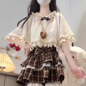 XUECAIQI | Korean Style Age-Reducing Knit Top Cape Checkered Pants Dress 3-Piece Set