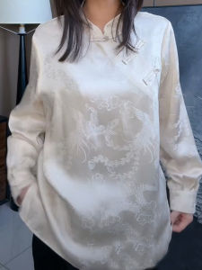 New Chinese Style Embroidered Loose Long Sleeve round Neck Shirt Womens Fashionable Spring Seasonal Comfortable Workwear