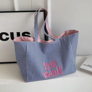 Summer Large Capacity Canvas Tote Bag Womens Striped Handbag Short Trip Travel Commuting Single Shoulder Shopping Bag