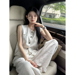 ชุดสองชิ้นสีขาวสไตล์เกาหลีฤดูร้อน 2025 สำหรับผู้หญิง เอวสูง แขนกุด คอตั้ง ความยาวปกติ แฟชั่นลำลอง สไตล์ไฮเอนด์