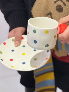 Colorful Polka Dot Cute Red Ball Ceramic Mugs Coffee Cups with Handle Small  Design Gift Souvenir round Dot Pattern Mugs