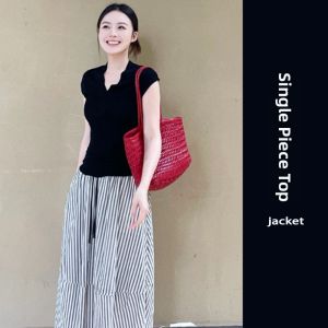 YUEZHONGWEI | Black V-neck Ice Silk Knitted Short Sleeve T-shirt Womens Summer Unique Stylish Slim Fit Design Top Quality Commute Style Pure Color