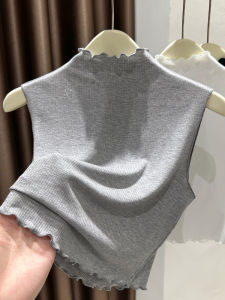 เสื้อชั้นในถักแขนกุดคอสูงครึ่งตัวสำหรับผู้หญิง สีเทา ฤดูใบไม้ร่วง 2024 เสื้อกั๊กผ้าถักบางแบบปลอมคอโปโล ทรงสลิมฟิต