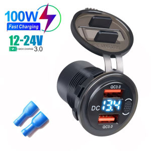 12v 24v usb car adapter Dual Port USB Charger Socket USB-C PD & Dual QC 3.0 For Car Motorcycle With Voltmeter and Power Switch