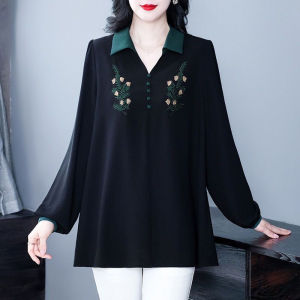 Áo Thun Cổ Polo Dài Tay Rộng Rãi Thêu Hoa Cho Nữ Mùa Thu Mới Dáng Rộng Giảm Tuổi Tác Che Phủ Màu Sắc