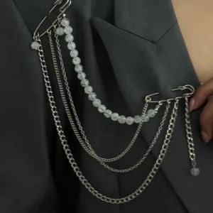 Ingemark Elegant Exquisite Acrylic Beads Pendant Brooch for Women Trendy Silver Color Tassel Dress Suit Collar Pins Clip Jewelry