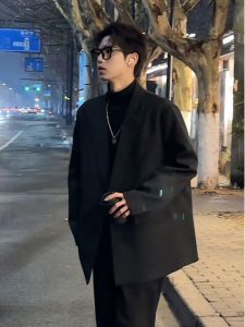 Casual Black Suit Jacket Mens Spring Autumn Style Notch Lapel Long Sleeve Standard Fit American Leisure Polyester Fiber