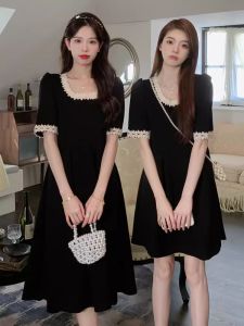 ชุดเดรสยาวคอเหลี่ยมสไตล์ฮัทเชอร์ตัน กระโปรงทรงเอเอวสูง แขนสั้น ชุดทำงานฤดูร้อนสำหรับผู้หญิงไซส์ใหญ่