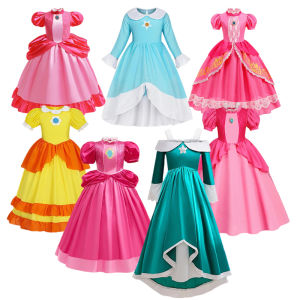 Disney | Girls Princess Peach Daisy Rosalina Cosplay Dress Puff Sleeve Princess Costume Halloween Birthday Party Fancy Dress for Kids